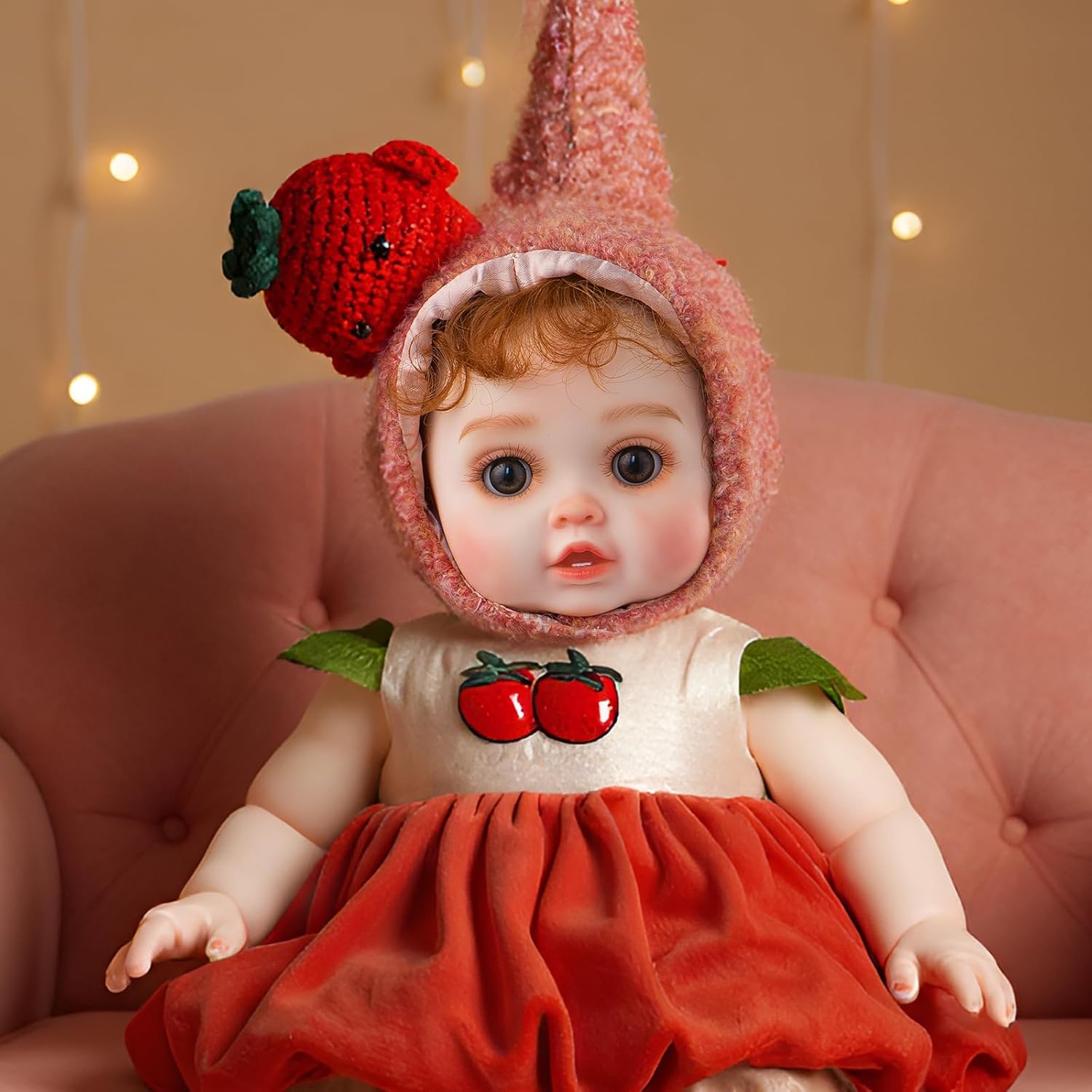 Reborn Baby Doll, Lifelike Realistic Baby Doll with Red Tomatoes Hat and Cute Outfit, 18inch Soft Vinyl Doll for 3+Years Old and Collectors