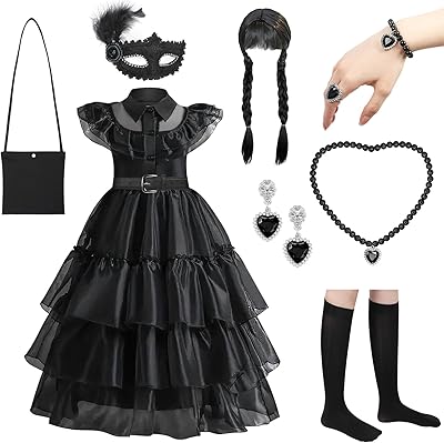 YOGFIT Wednesday Addams Costume Girls Dress for Kids Perfect for Halloween, Cosplay, and Parties