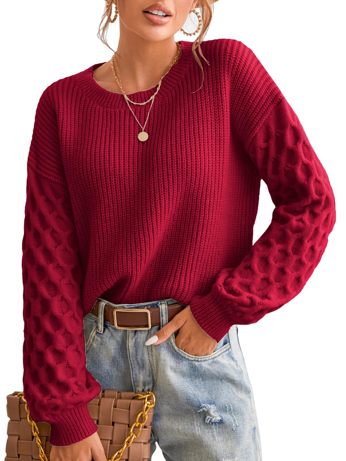 CUPSHE Womens Cable Knit Sweater Long Sleeve Crew Neck Sweaters Fall Pullover Sweater Tops
