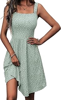 Women's Summer Casual Square Neck Dress with Pocket Cute Sleeveless High Waist A-line Sundress Midi Dresses - Buy now