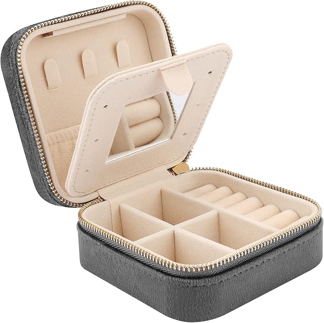 Mini Velvet Travel Jewelry Case with Mirror, Travel Jewellery Box Organiser, Small Jewelry Organiser Storage for Rings Earrings Necklace Bracelets, Grey