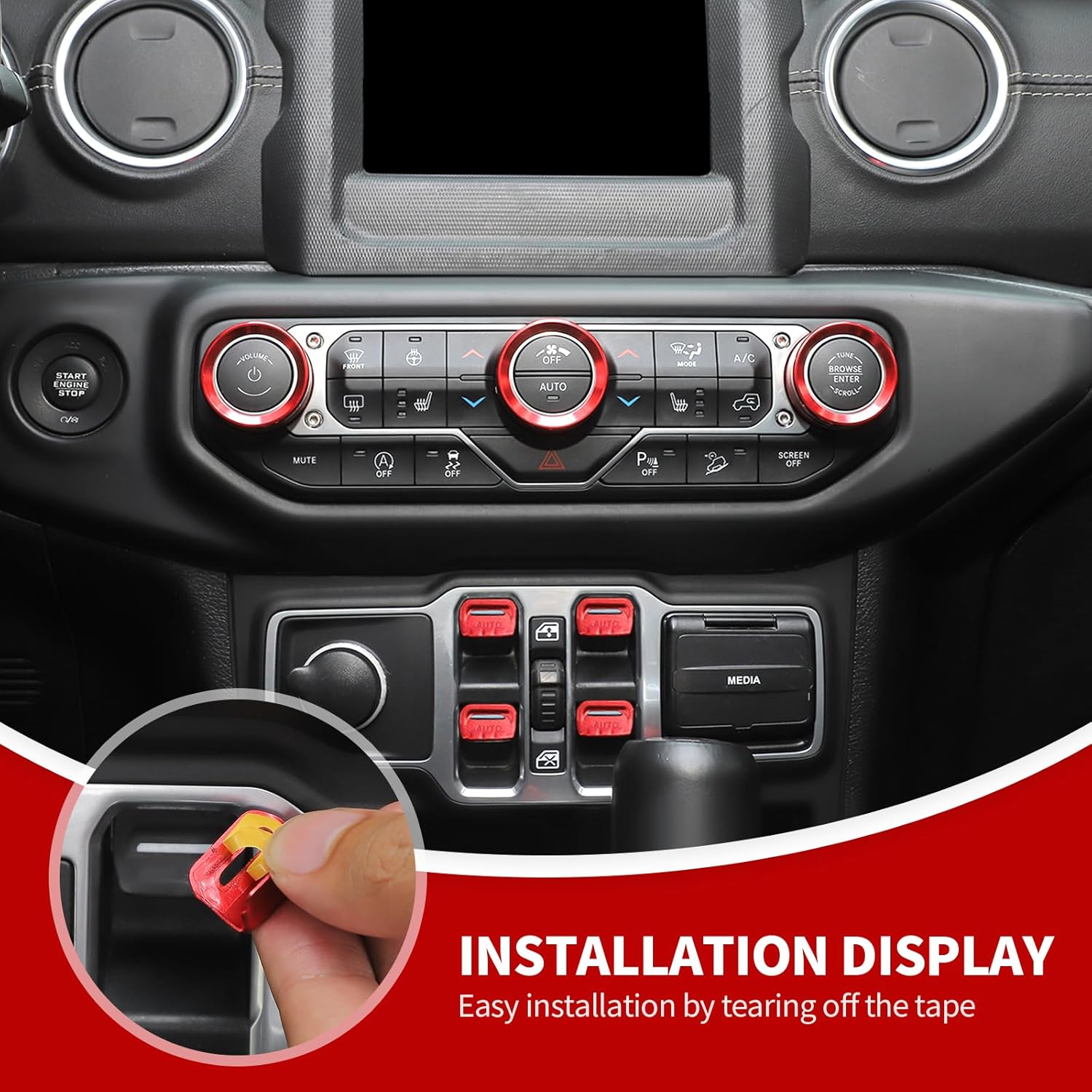 JeCar JL Switch Button Covers Window Control Air Conditioner Headlight Volume Radio Knob Trims Interior Accessories Compatible with Jeep Wrangler JL JLU 2018-2026 & Gladiator JT 2020-2026, Red