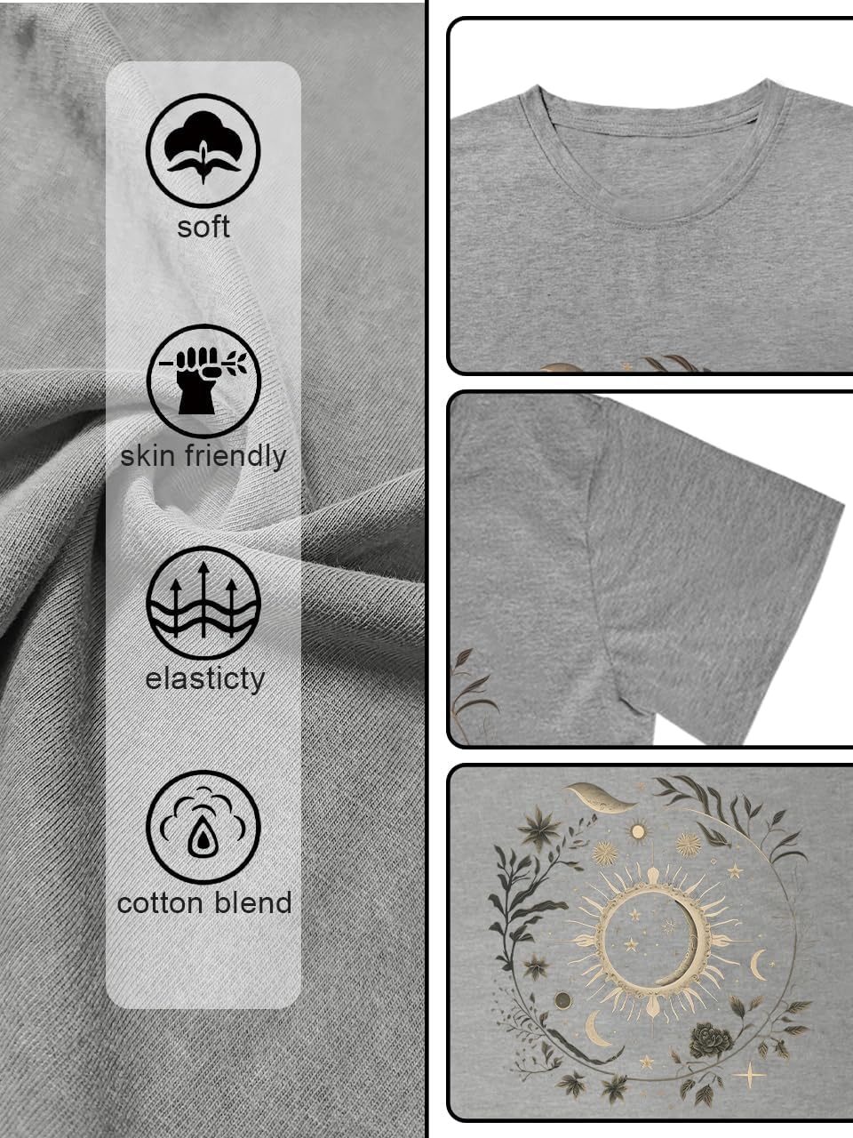 MZEAZRK Women Mystic Moon and Sun Flower Shirt Boho Wildflower Celestial Moon Graphic T Shirts Short Sleeve Tops - Image 5