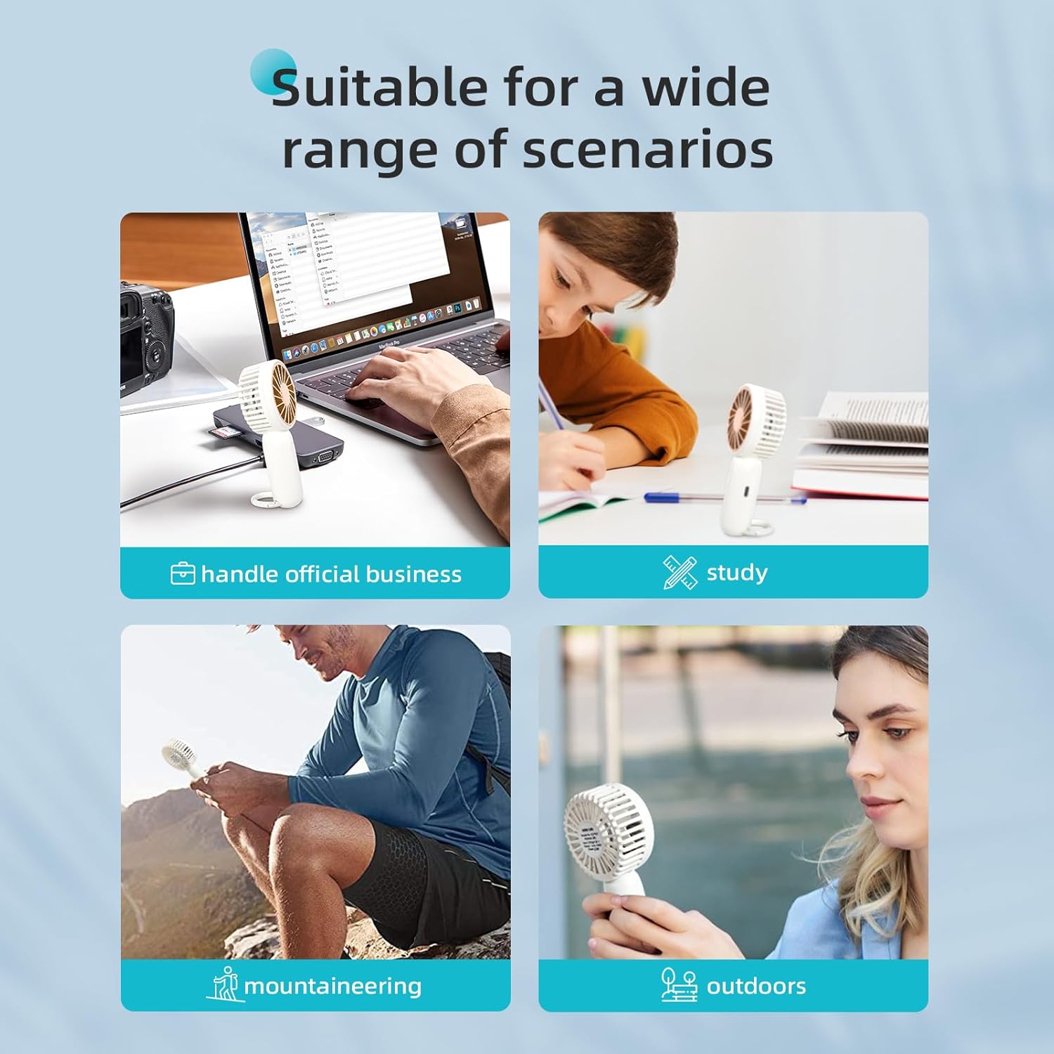 Fan used in various scenarios: office, study, outdoors, mountaineering