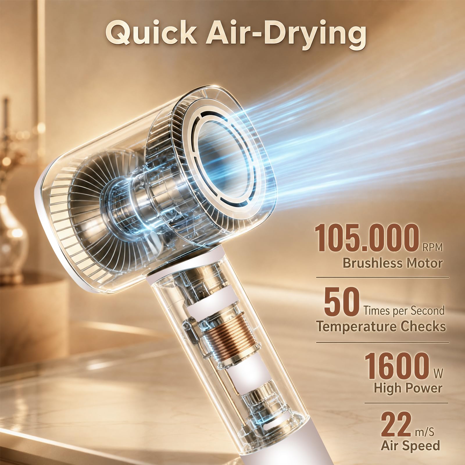 Romon Suszarka jonowa 1600 W, 200 milionów jonów, 3 poziomy temperatury, 2 prędkości wiatru, 59 dB niski poziom hałasu, z dyszą, lekka do domu i podróży, różowa