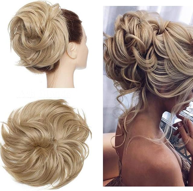Tousled Updo Messy Bun Hair Piece Hair Extension Ponytail With Elastic Rubber Band Updo Extensions Synthetic Hair Extensions Scrunchies Ponytail Hairpiece for Women Ash Blonde