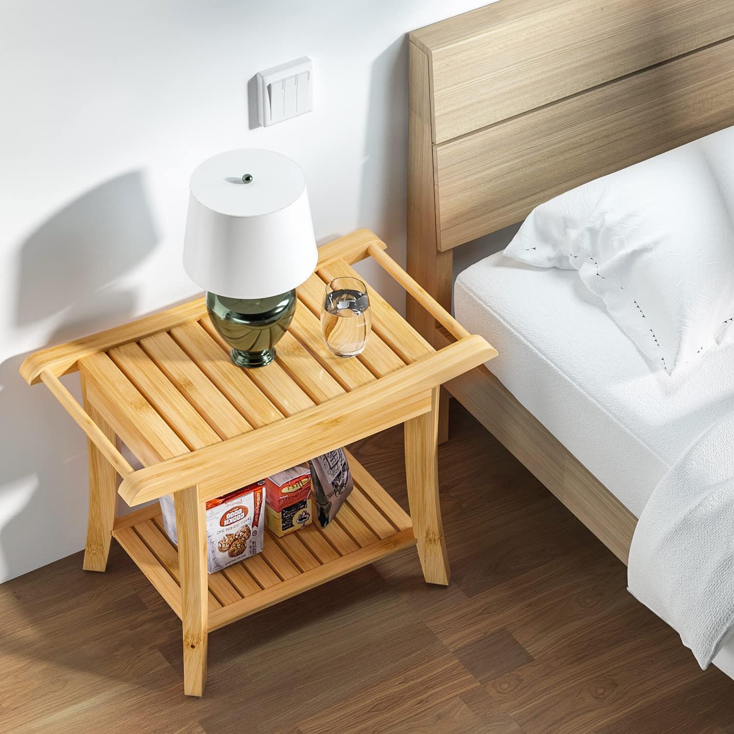 Bamboo Shower Bench Inside Shower Stool with Space-Efficient Storage Shelf, Shower Bath Chairs Spa Seats for Bathroom - Great for All Ages Unisex Elderly (Waterproof, Natural)