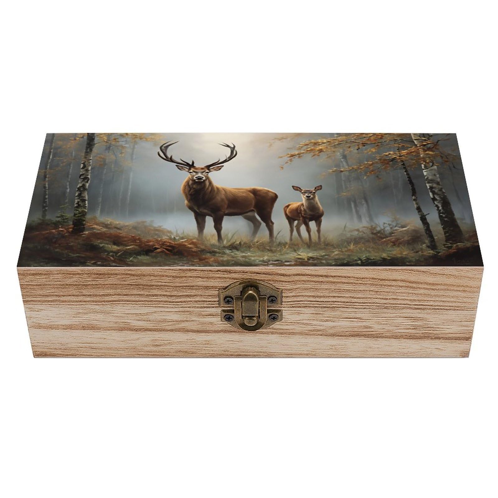 SMAZDFXX Deer Autumn Wooden Keepsake Box Vintage Solid Wood with Hinged Lid 7.9"×3.7"×2.3" Metal Latch Rustic Home Decor for Jewelry Photos And Trinkets
