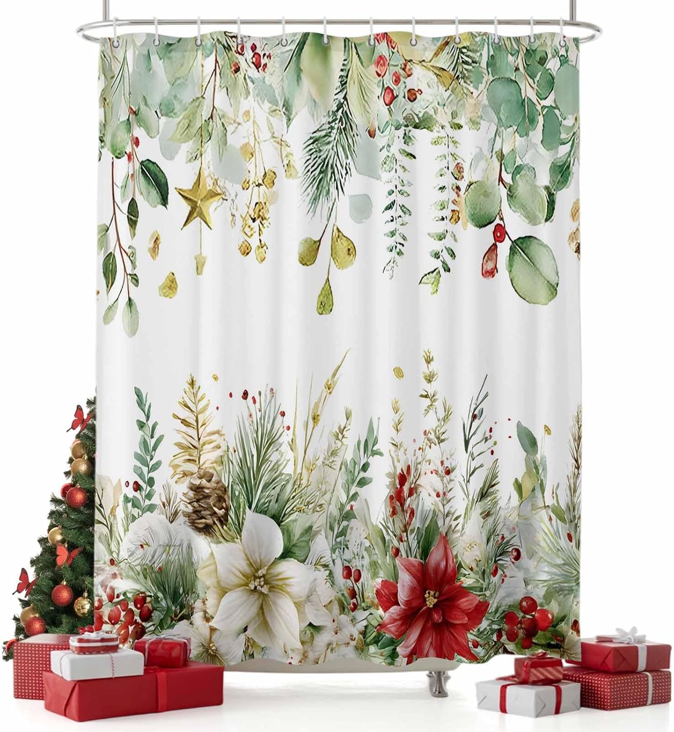 Christmas Poinsettia Shower Curtain Set - Standard Waterproof Shower Curtain 72 x 72 Inch, Xmas Eucalyptus Leaves Winter Floral Polyester Fabric Bathroom Curtains with 12 Hooks, Bathroom Accessories