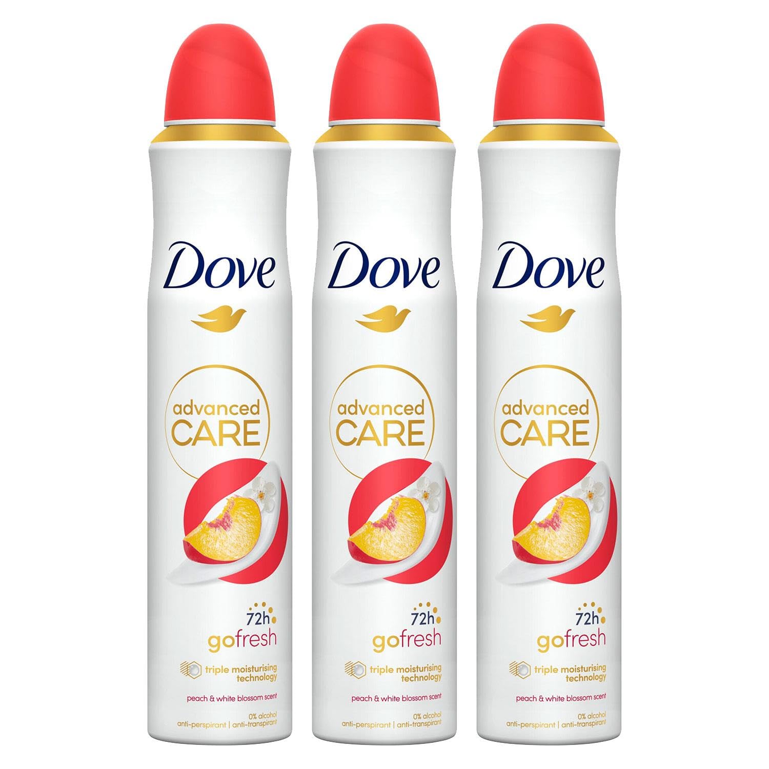Dove Advanced Care Antiperspirant Go Fresh 72 Hours Sweat and Odour Protection with Long Lasting Fragrance of Peach & White Blossom Deodorant for Women, 200ml Pack of 3