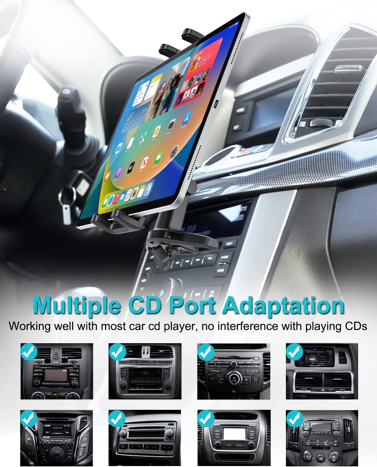 Car Tablet Holder CD Slot, Adjustable Arm CD Player Tablet Mount, 360° Rotation Vehicle CD Insert Clamp for iPad Pro 13 12.9 Mini Air, Galaxy Tab/Z Fold/Z Flip, iPhone, More 4-13" Devices