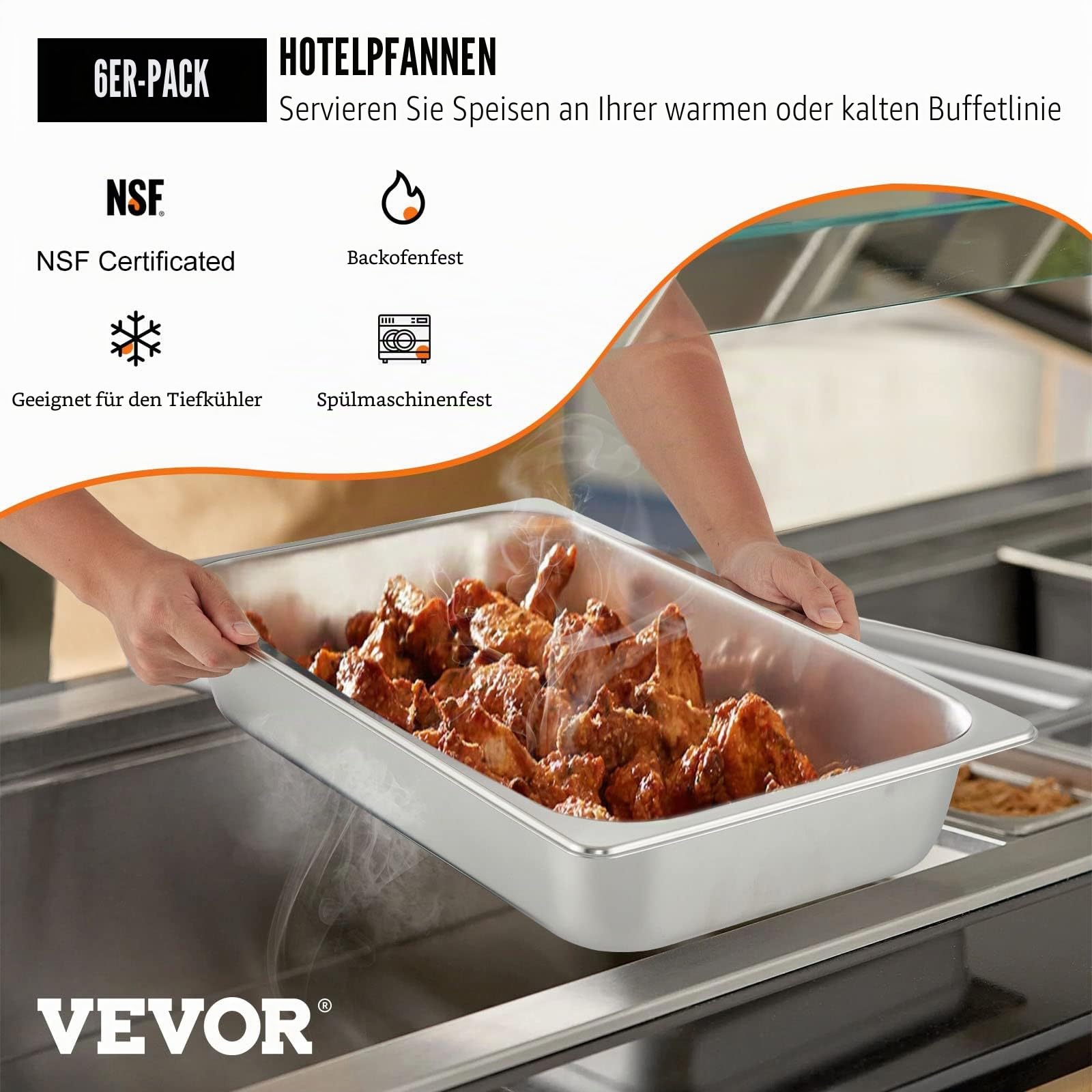 Mophorn GN 1/1 Gastronormbehälter, Edelstahl Behälter 6 Stück, 528 x 330 x 95 mm Speisebehälter, Antihaft Teller, kommerzieller Warmhaltebehälter für Speisen, Torten, Hotelpfanne Tisch Food Pan