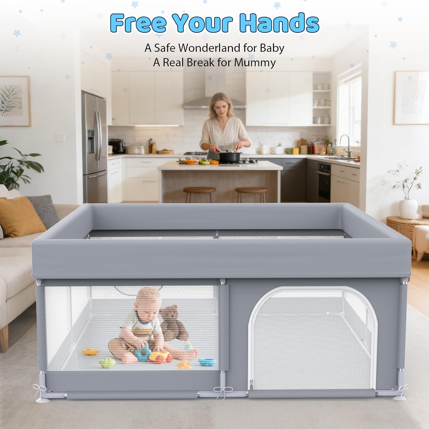 47x47 Baby Playpen with Mat - Grey Play Yard for Babies and Toddlers - Indoor & Outdoor Soft Mesh Safety Fence with Pull Up Rings & External Zipper Door