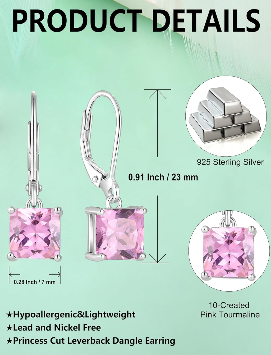 Square Earrings Birthstone Princess Cut Leverback Earring Sterling Silver Jewelry for Women - Image 6