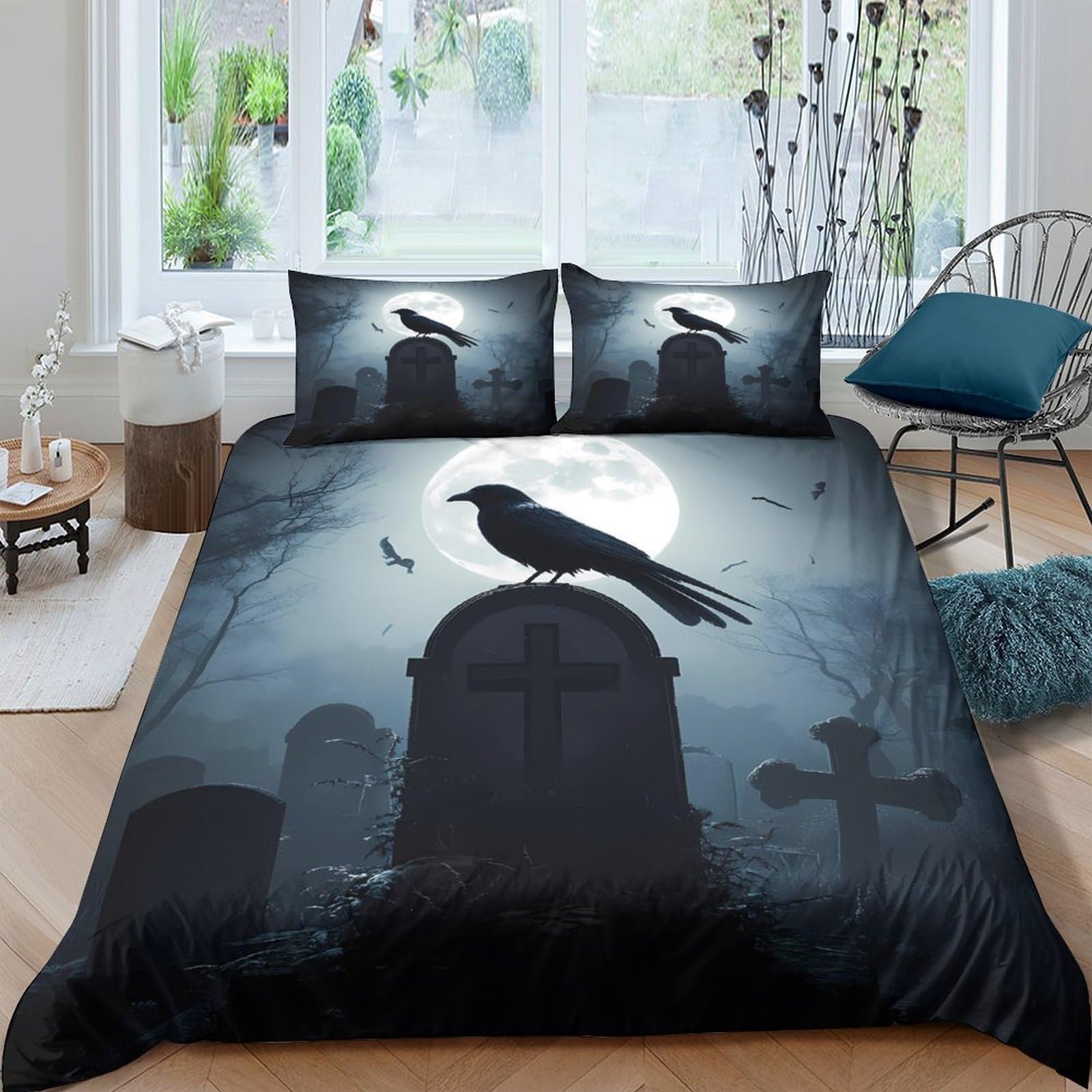Ctjqhvkz Style-5 3D Printed Gothic Raven Tombstone Fitted Sheet Microfiber Soft Black Moon Mattress Cover Bedroom Decor Single（135X200cm）