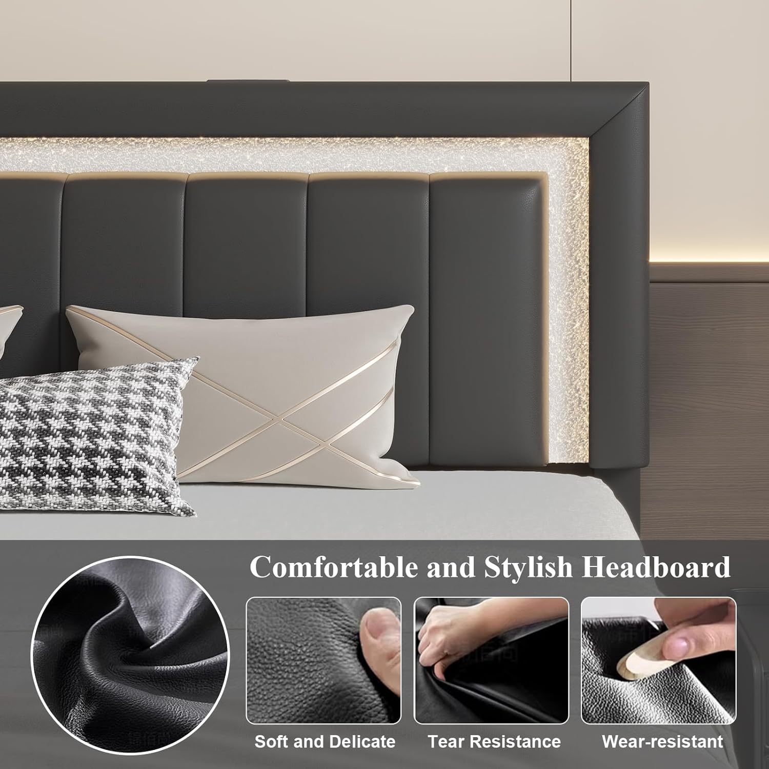 E-Ser Queen Size Bed Frame with Charging Station, Storage Drawers & LED Lights, PU Leather Upholstered Platform Bed with Adjustable Headboard, Heavy Duty Metal Slats, No Box Spring Needed, Black