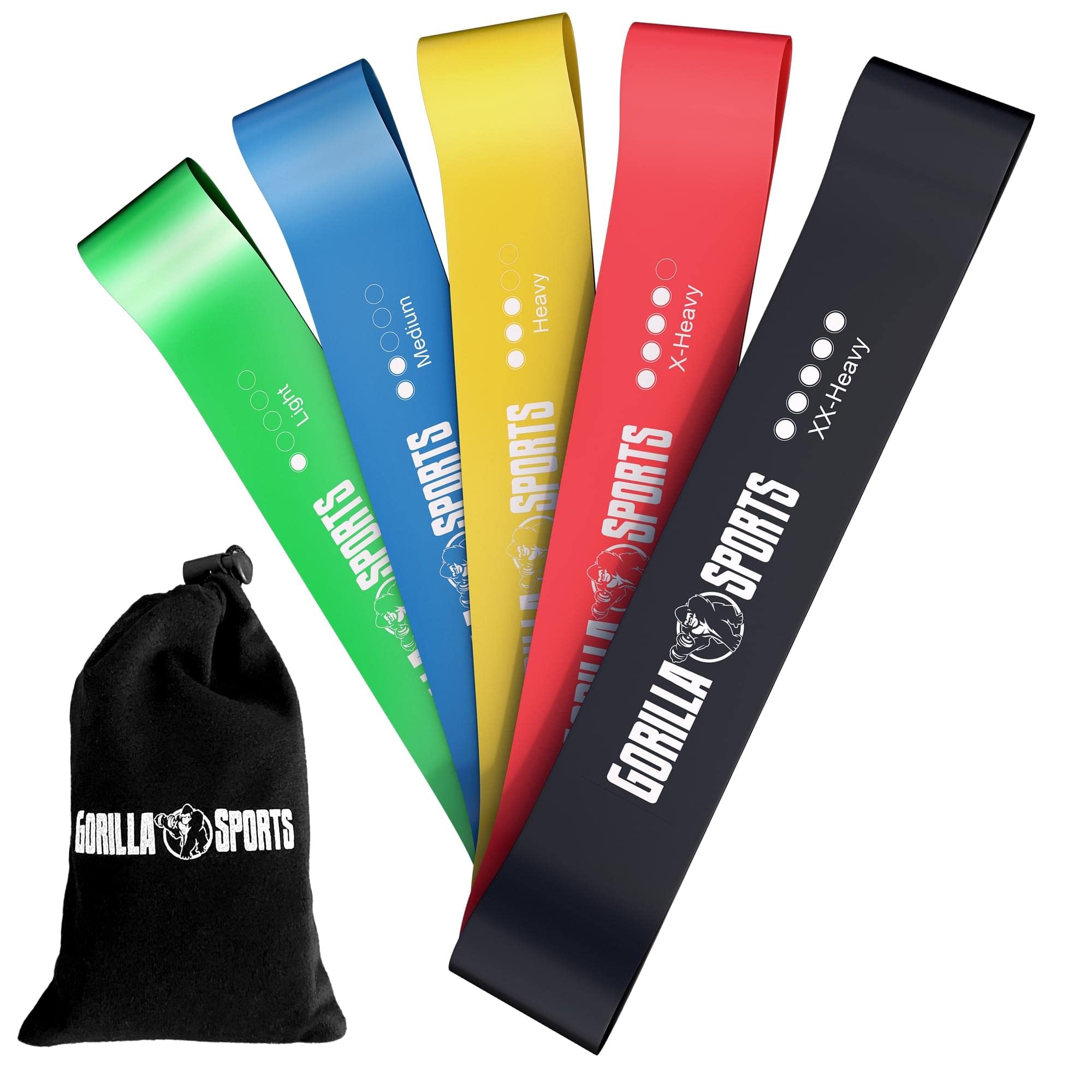 GORILLA SPORTS Fitnessbänder – 5er-Set mit Tragebeutel (Latex, rutschfest, 5 Stärken)