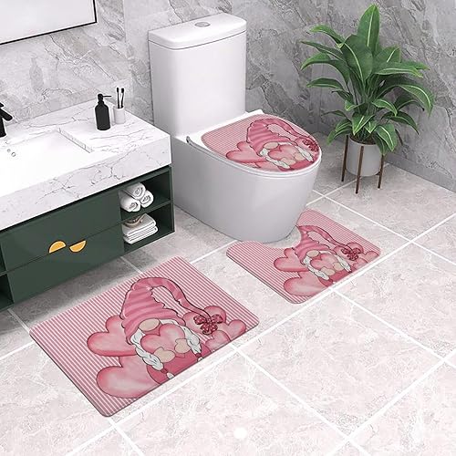 Miniatura 3 de Aremetop Juego de 3 alfombrillas de baño con diseño de gnomos y corazones de rayas rosadas, para el día de San Valentín, bonitas decoraciones