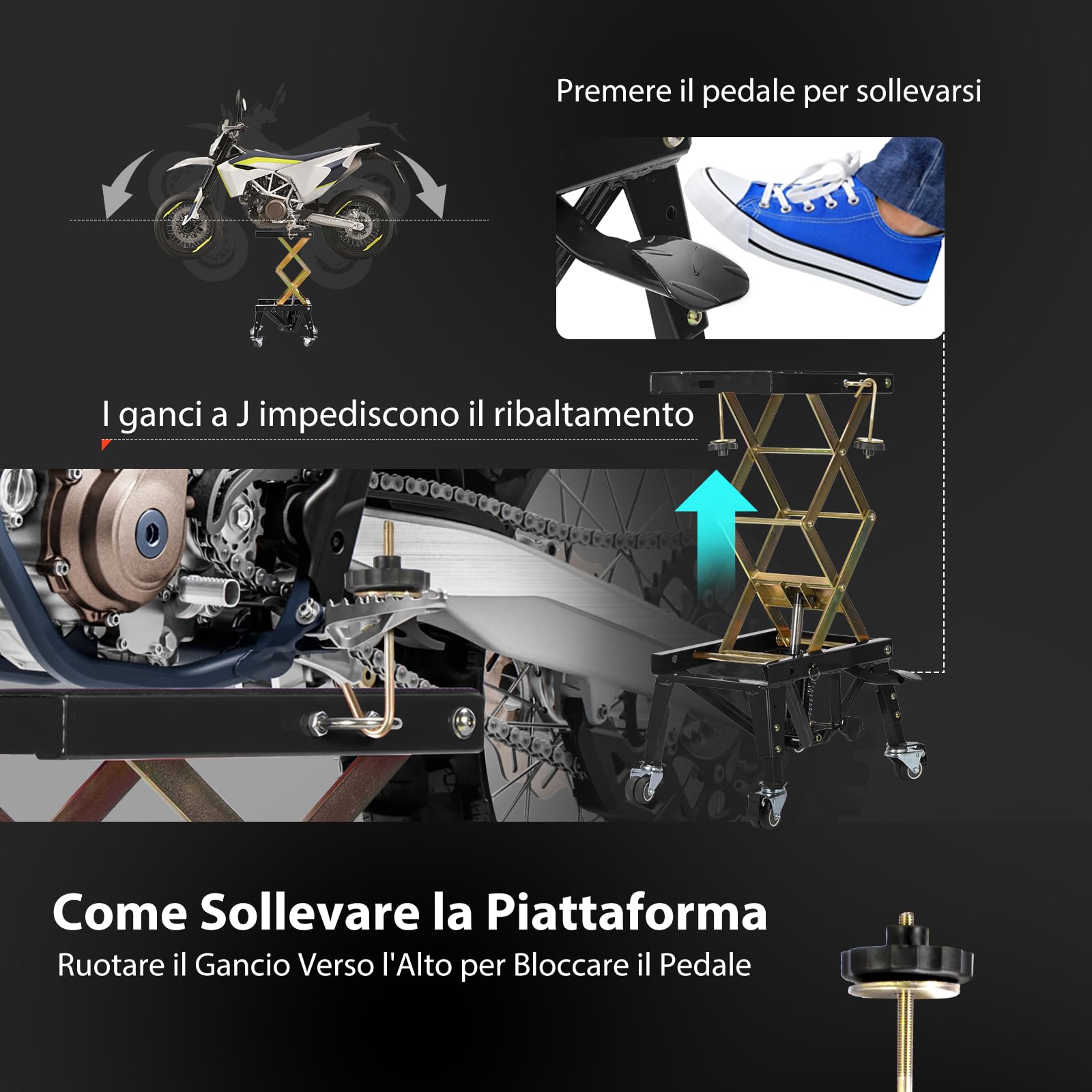 VIVOHOME Sollevatore Idraulico per Moto Fino a 160KG con Azionamento a Pedale Sollevatore a Pantografo per ATV Dirt Bike con 4 Rotelle