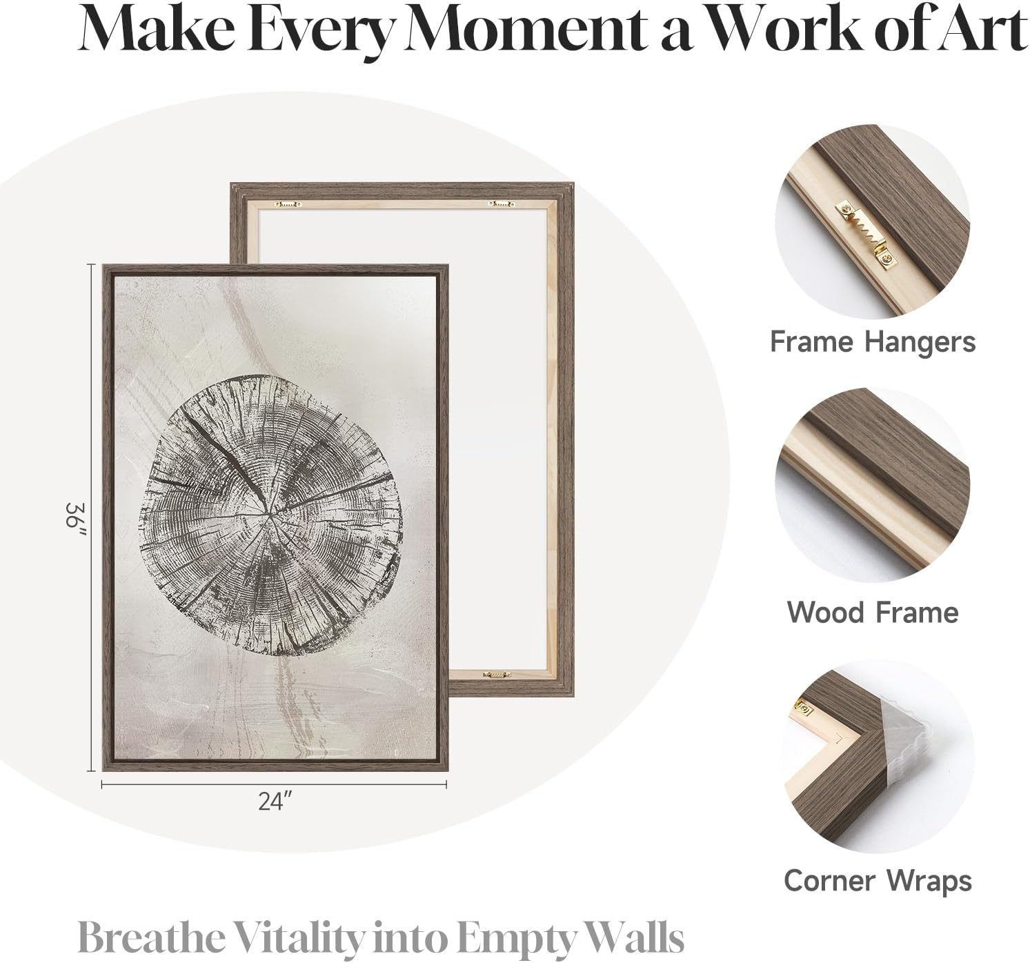 Large Framed Wabi Sabi Gray Tree Ring Wall Art for Living Room, 24x36 Inch image 5