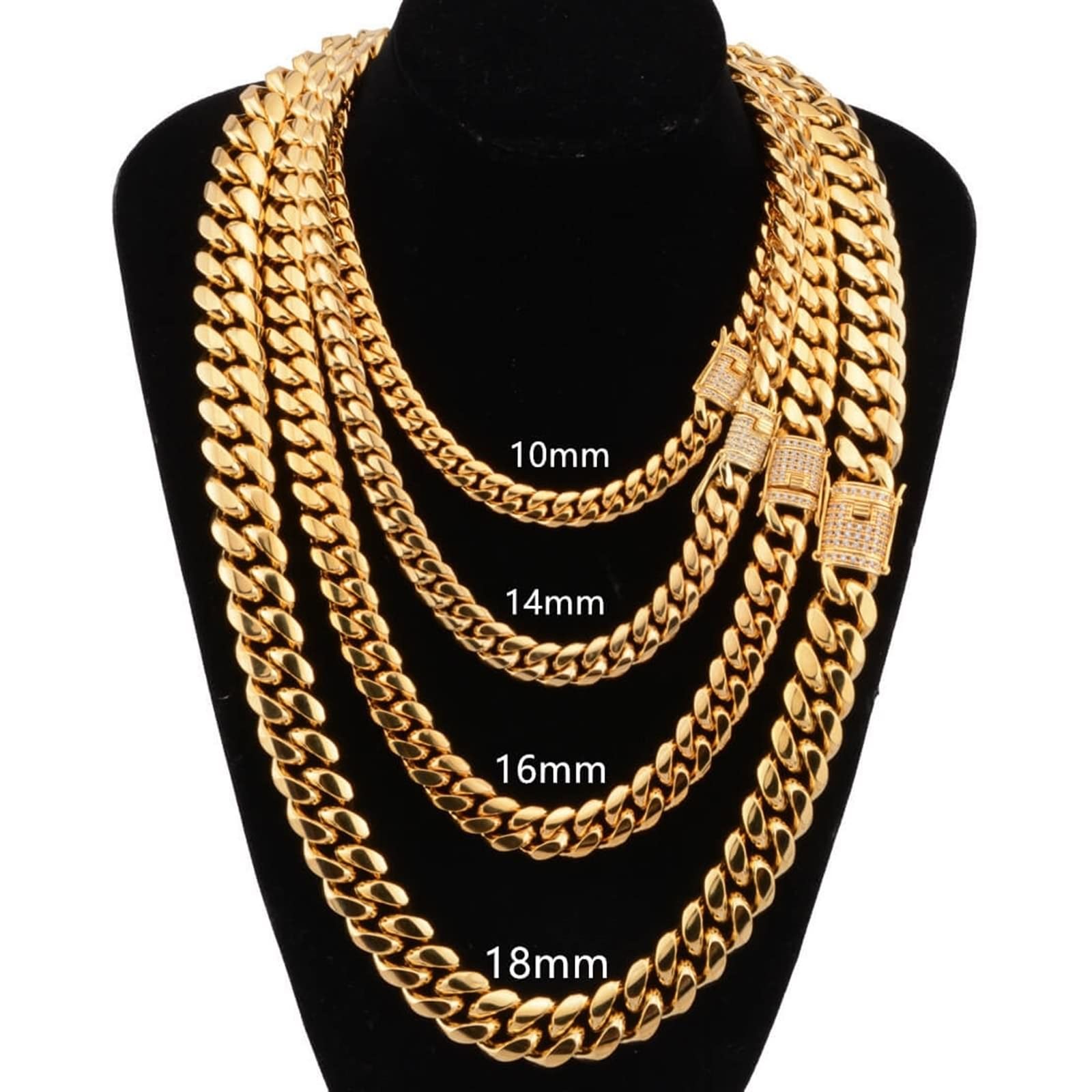 Cadena de acero inoxidable de 71 cm, collar para hombre de oro, cadena de acero inoxidable, joyería de 18 mm, cadena de metal con circonita, Acero inoxidable, Circonia cúbica