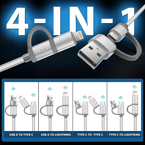 Miniatura 2 de Adaptador de cable de carga múltiple USB trenzado de metal 4 en 1, cable tipo C de carga rápida de 6.6 pies para iPhoneiPadHuaweiHTCLGSamsung