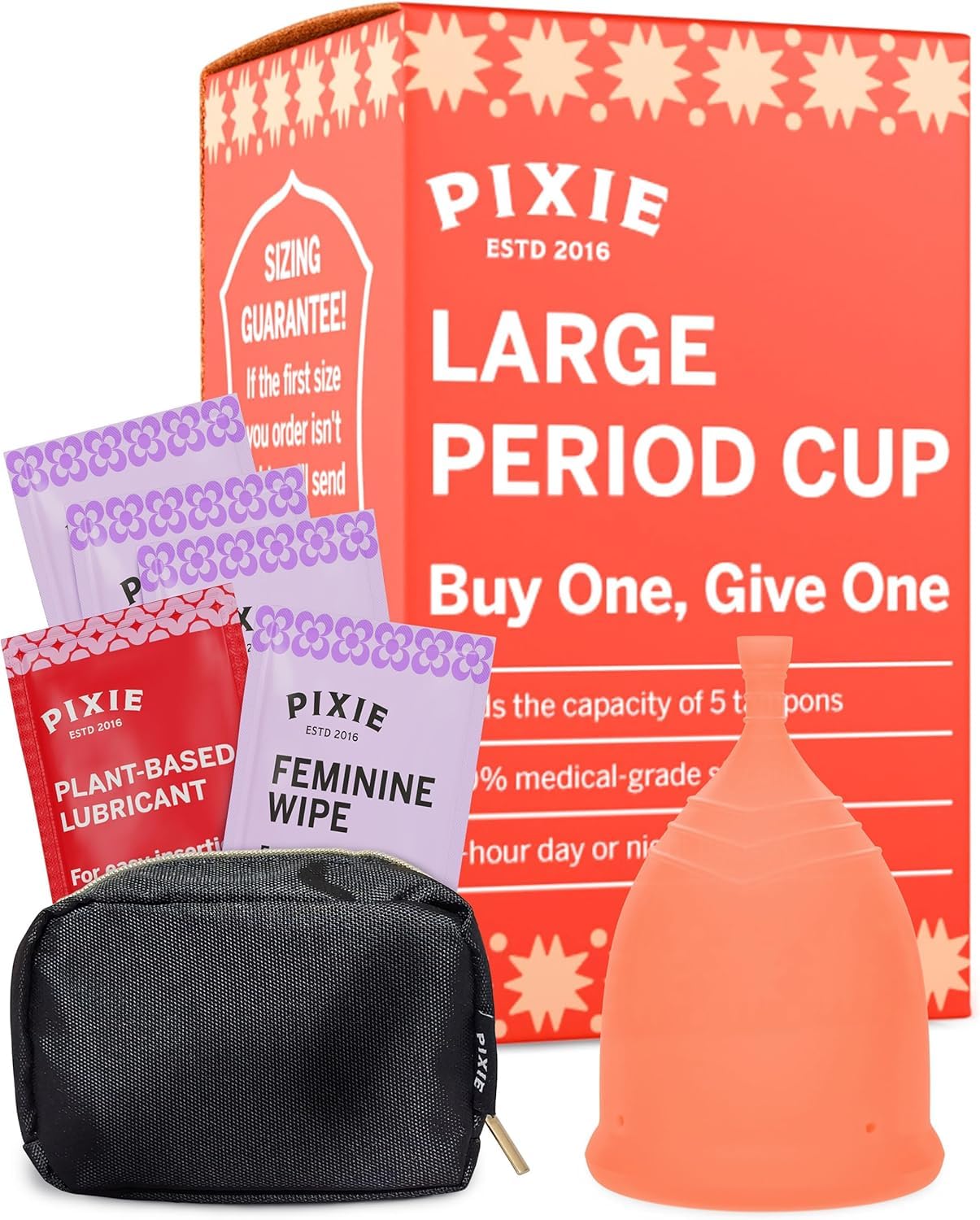 Pixie Menstrual Cup - 100% Medical-Grade Silicone Reusable Period Cup - Eco-Friendly, No Metals or Toxins - 12-Hr Leakproof, Odor-Free - Tampon Alternative (Large)