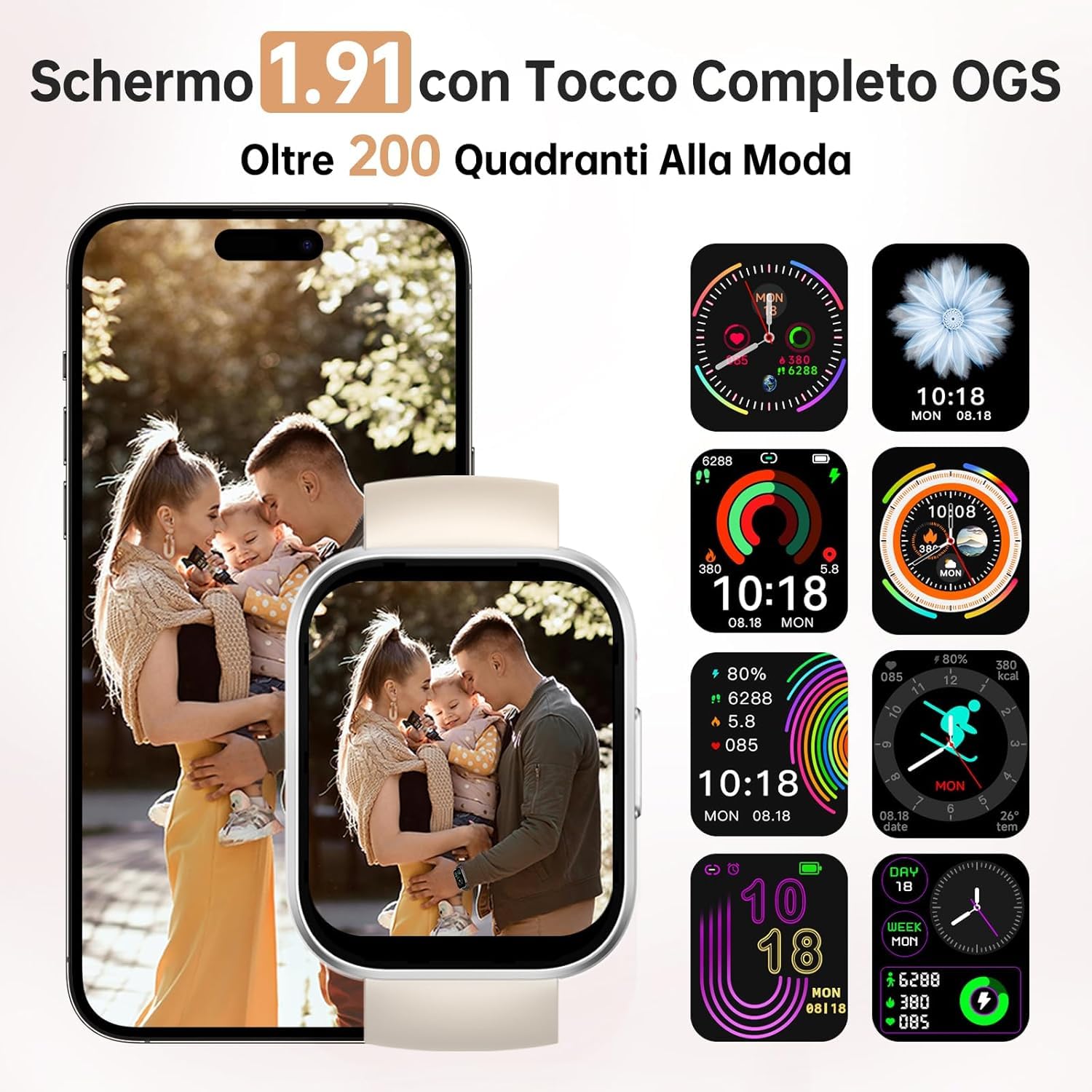 OBA OUKITEL BT103 Smartwatch unisex 1.91" 100+ Modalità Sport Contapassi/Sonno/Cardiofrequenzimetro, Fitness Tracker per iOS Android Bianco