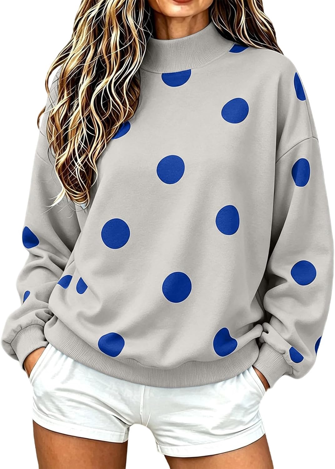 Women's Mock Neck Polka Dot Sweatshirt Long Sleeve Oversized Tops