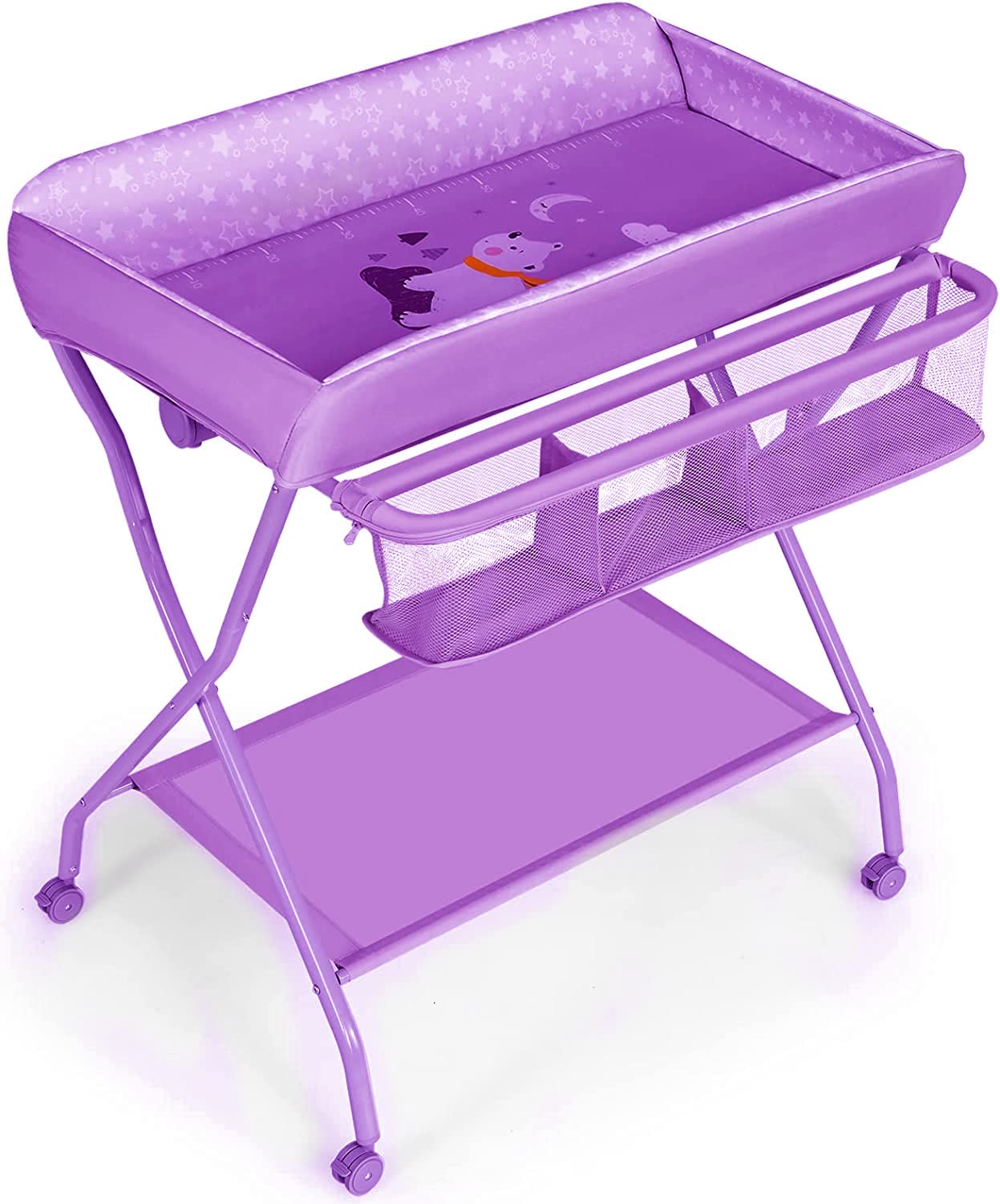 Baby Diaper Table, Folding Infant Changing Station with 4 Wheels, Storage Shelf & Basket, Newborn Bath and Massage Organizer for 0-12 Months