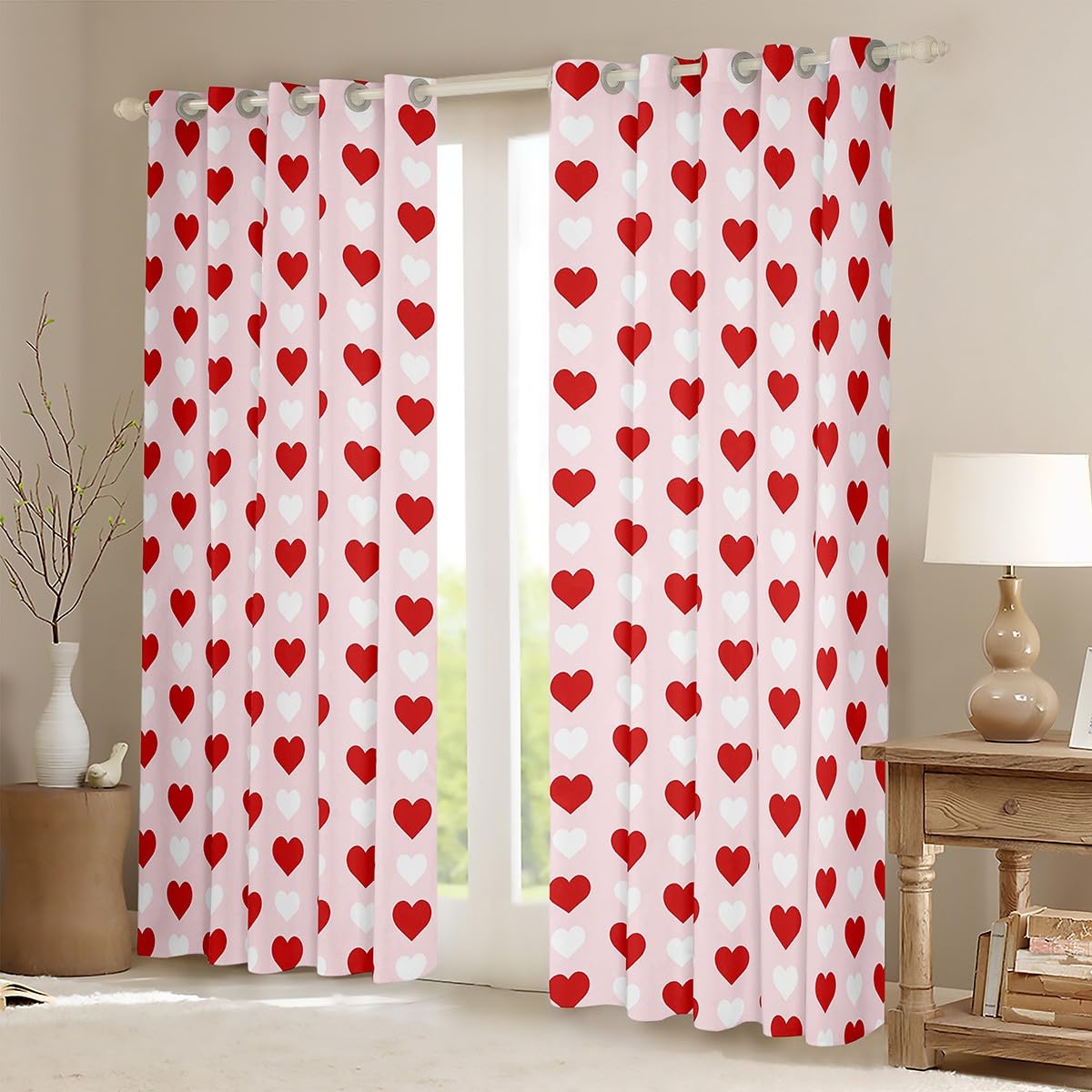 Homemissing Love Heart Blackout Curtains for Kids, Red White Darkening Drapes With Cute Pattern for Valentine's Day (2 Panels - Image 2