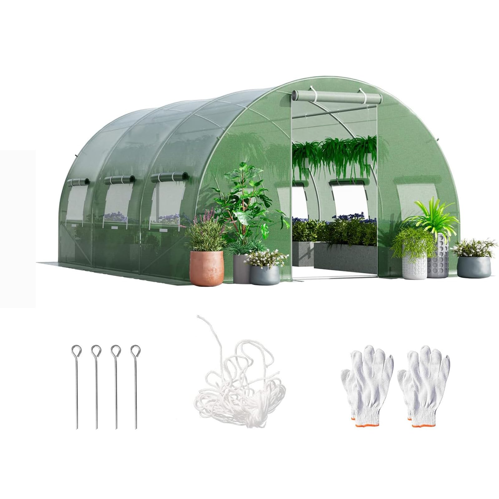 RELAX4LIFE Invernadero tipo túnel grande de jardín, 4 x 3 x 2 m-12 m², sistema de invernadero de acero y polietileno de red, 2 puertas con bisagras y 6 ventanas enrollables, verde