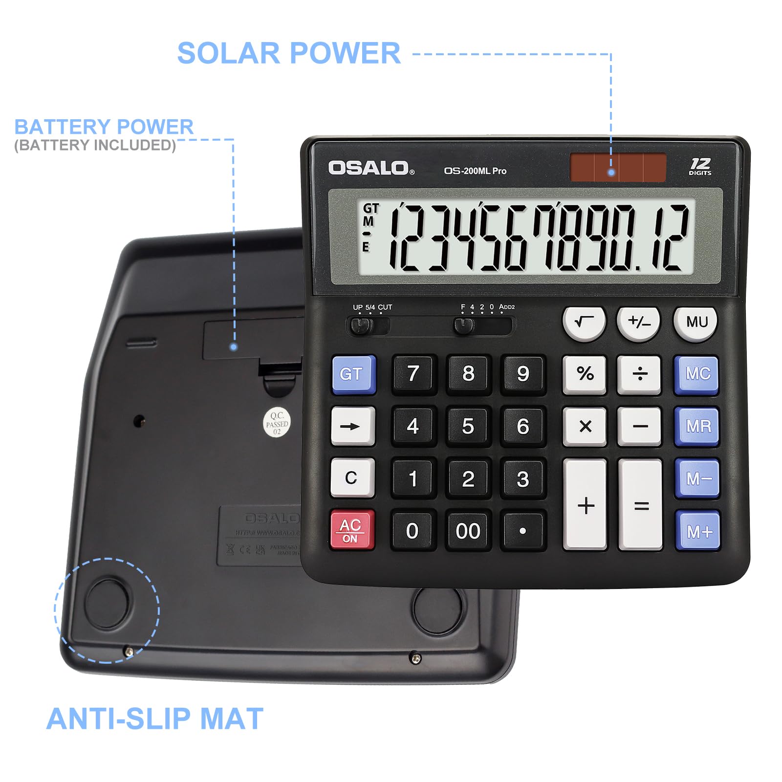 OSALO Desktop Calculator Extra groot LCD-scherm 12-cijferige grote knoppen boekhoudkundige rekenmachines batterij & zonne-energie voor kantoor, bedrijf, dagelijks thuis (FQ-450