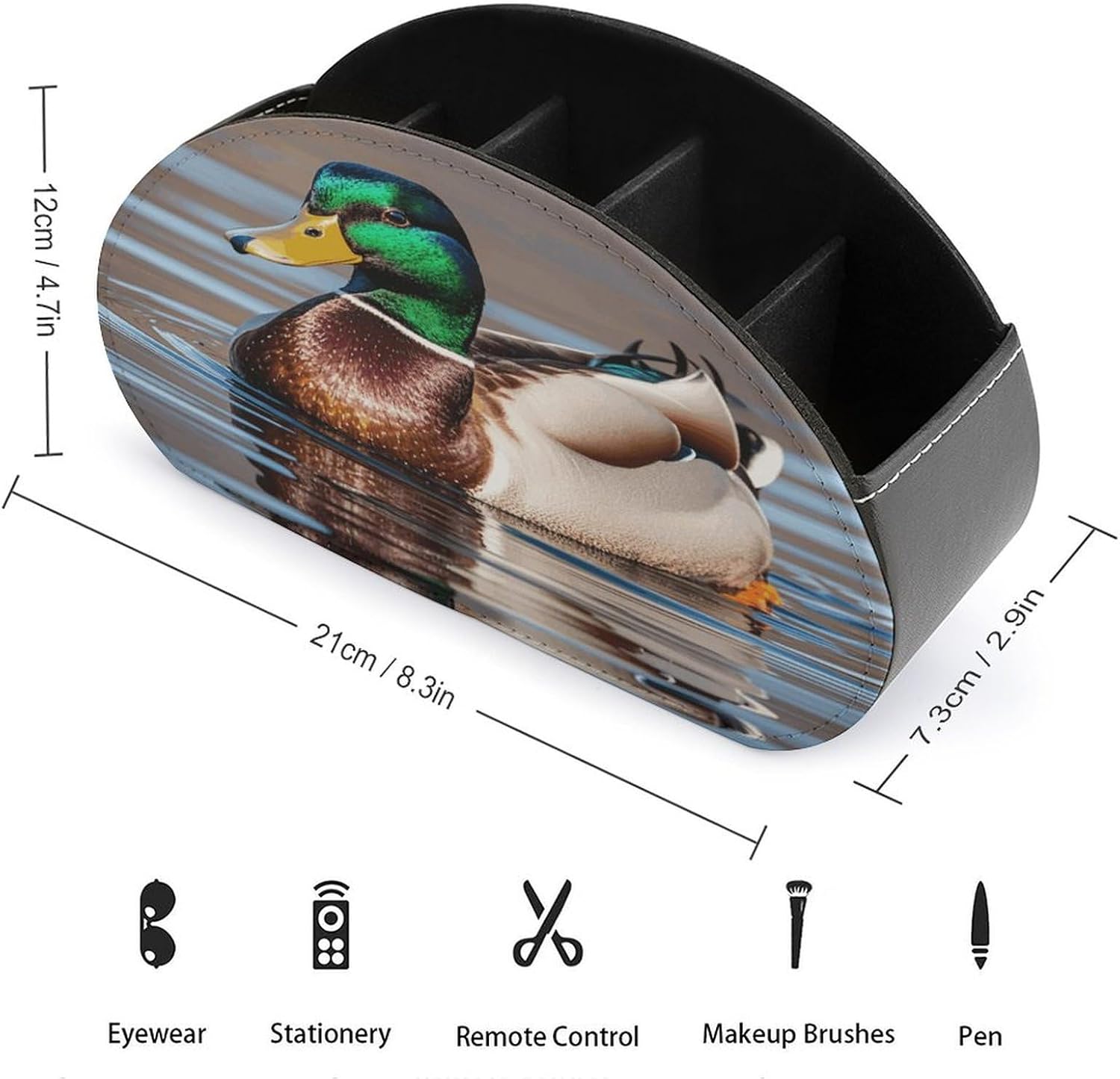 Remote Control Holder Mallard Duck PU Leather TV Remote Caddy with 5 Compartments Desktop Organizer for Living Room, Office, Bedroom Storage Box for Pens, Makeup Brushes, TV Remotes image 2