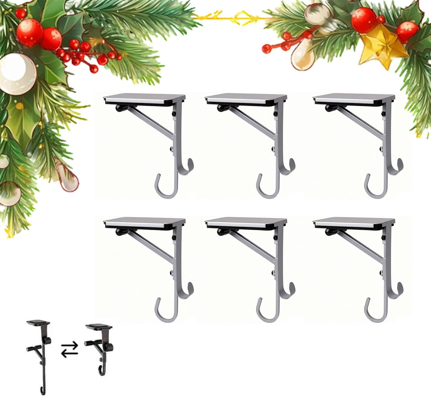 No-Drill Christmas Garland Clips, Adjustable 2-in-1 Double Mantel Hooks for Front Door Decor, 2025 Stocking Holders, 6pcs Silvery Color, Perfect for Holiday Decoration