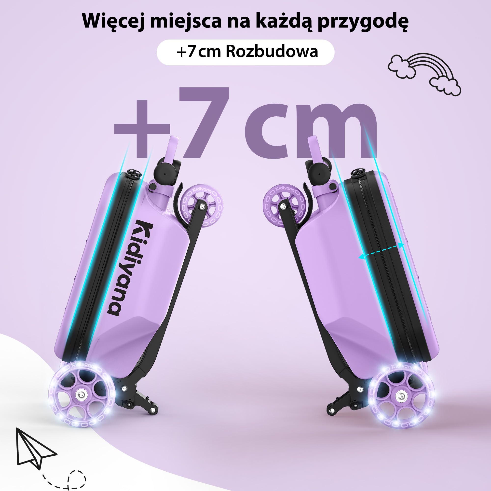 Hulajnoga dziecięca z walizką, walizka podręczna z hulajnogą, koła LED, regulowana wysokość kierownicy, okienko A5, powiększenie schowka 7 cm, prezent dla malucha 2–8 lat, do 50 kg