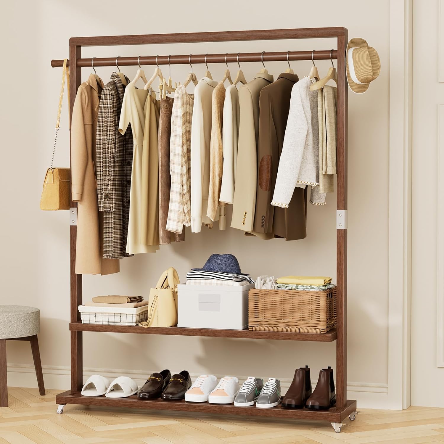 Solid Wood Clothes Rack,Freestanding Garment Rack & Coat Tree,Extra-Long 39.38" Hanging Rod, Double Storage Shelves for Bedroom, Entryway, Hallway