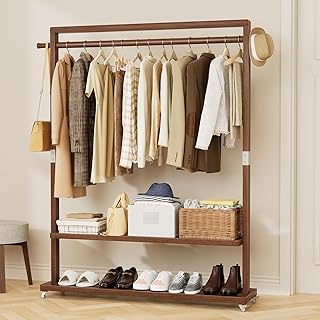 Wood Clothing Rack Solid Wood Clothes rack with Wheels 2 Shelves