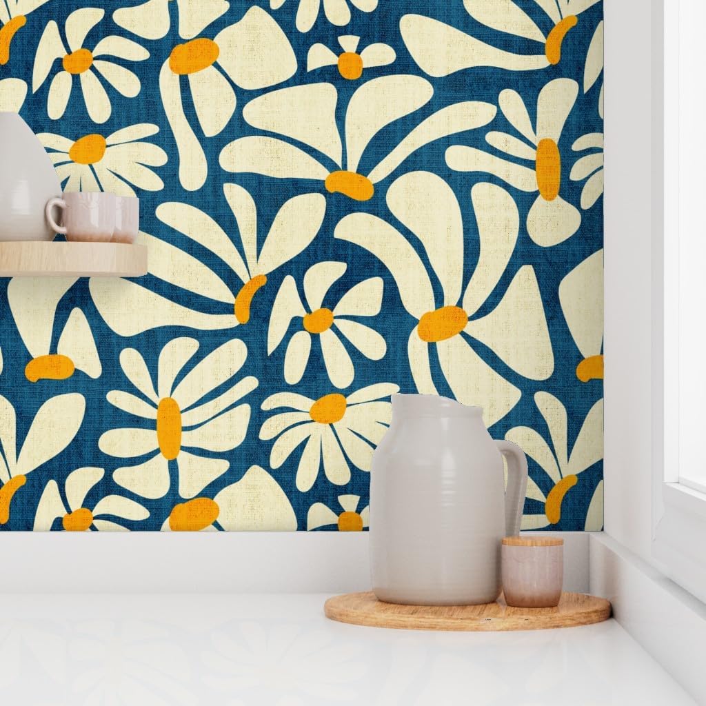 Spoonflower Peel & Stick Wallpaper Swatch - Retro Daisy Flower Power Blue Floral Vintage Groovy 70S 60S Custom Removable Wallpaper