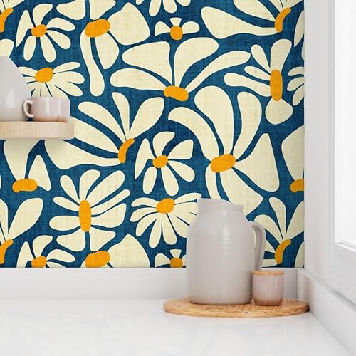 Miniatura 8 de Papel tapiz autoadhesivo de 9 x 2 pies  Retro Daisy Flower Power Blue Floral Vintage Groovy 70S 60S papel tapiz extraíble personalizado por
