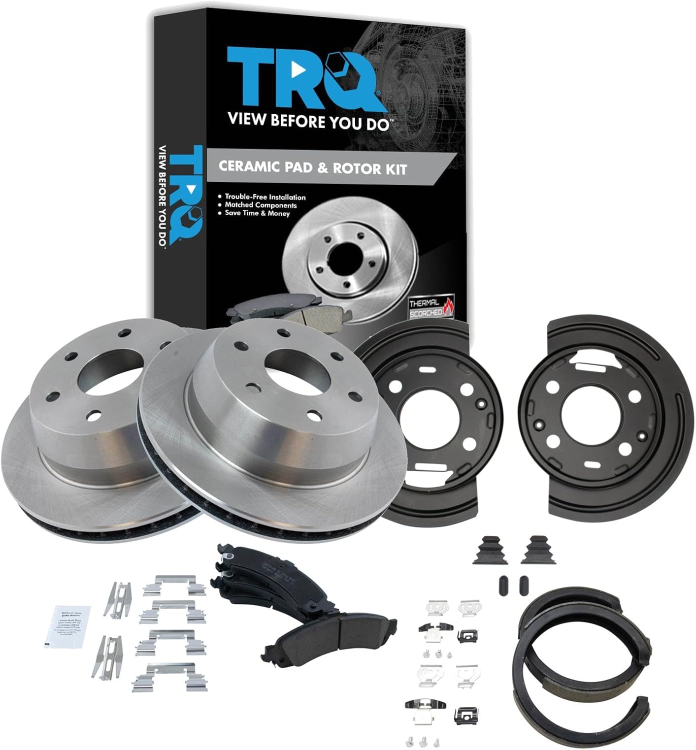 TRQ Rear Ceramic Pads Rotors Parking Shoes & Backing Plates Kit for GM Truck