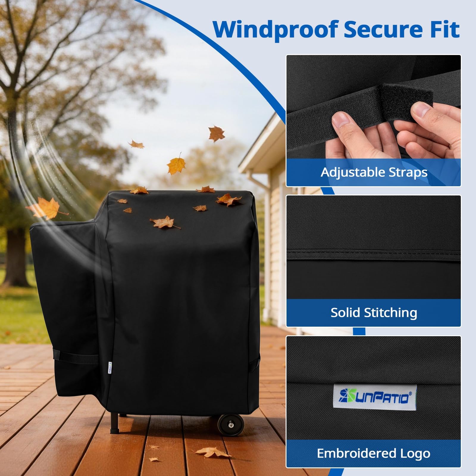 SunPatio Outdoor Heavy Duty Waterproof Grill Cover for Traeger 20 Series Wood Pellet Grill and Smoker, Junior, Tailgater and More, Full Length Barbecue Grill Cover, All Weather Protection, Black