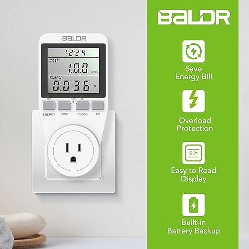 Vista 2 de BALDR Monitor de uso de electricidad de Estados Unidos para el hogar, electrodomésticos, tomas de medidor de kilovatio, enchufe para medir