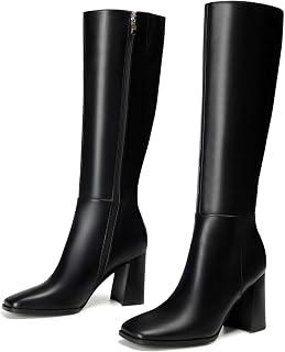 vivianly Womens Square Toe Knee High Leather Boots Chunky Block Heel Tall Long Boots with Side Zipper Fashion Dress Boots
