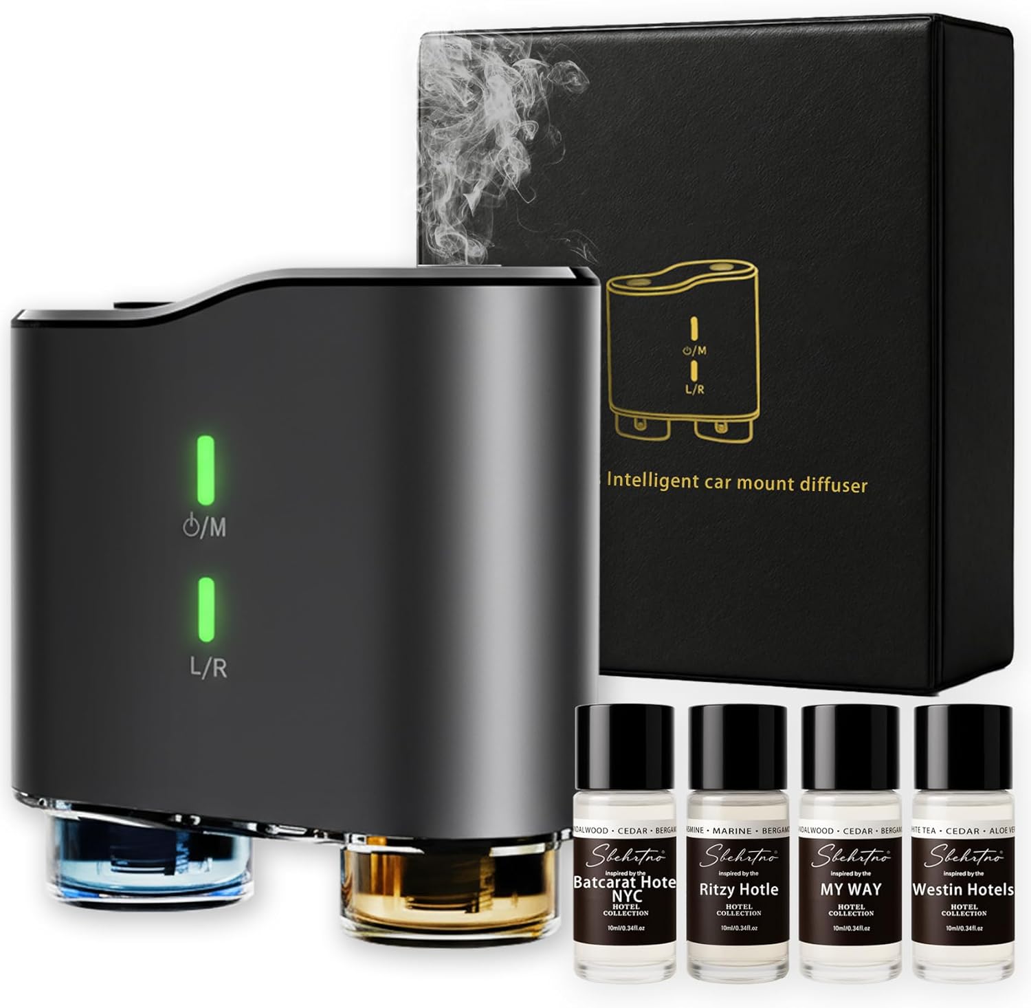 Waterless Car Diffuser Kit with 4 Fragrance Oils – Luxury Hotel Inspired Aromatherapy Air Freshener for Car, Vehicle, Office & Small Spaces (Black, Hotel Fragrance)
