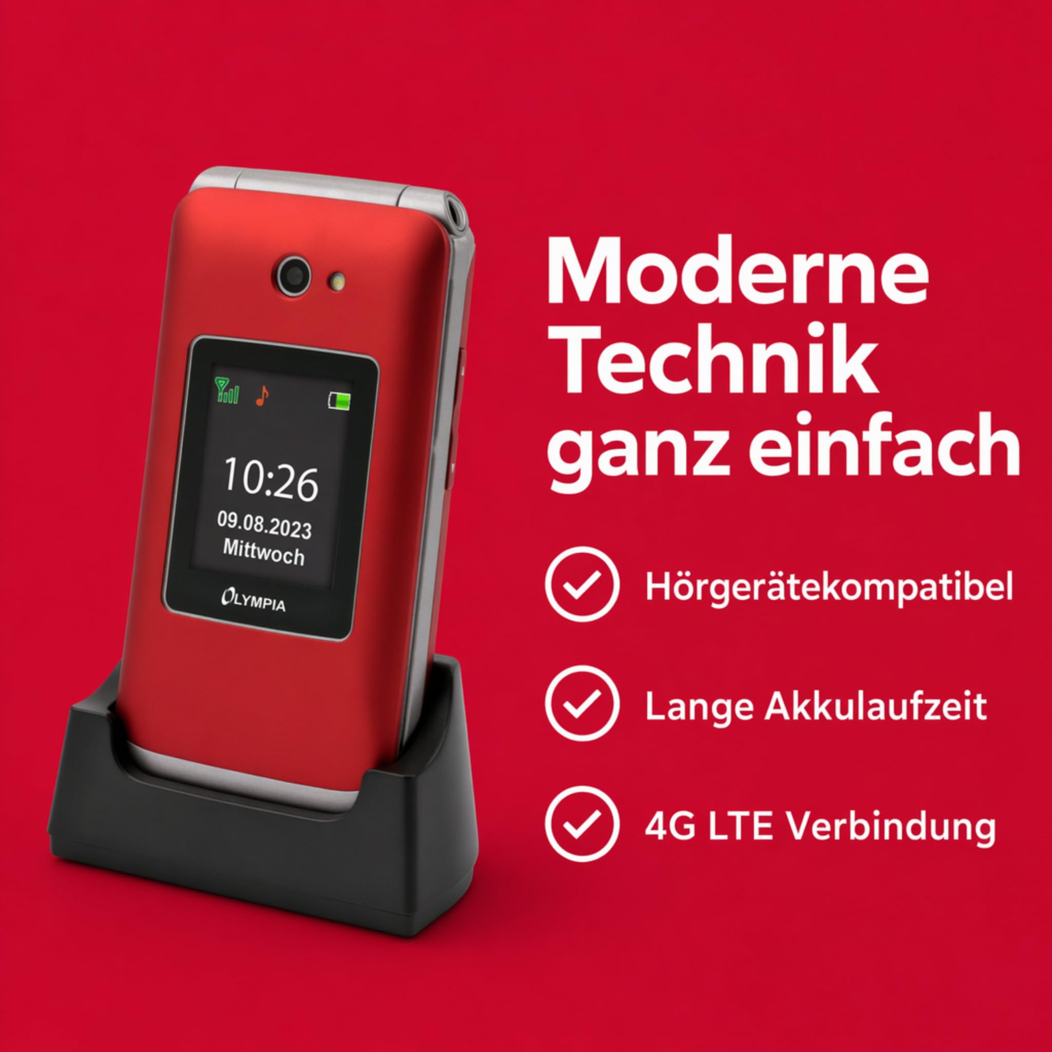 Olympia Vitus 4G Seniorenhandy | Klappbar mit Großtasten | Hörgerätekompatibel | Handy für Senioren | Notruftaste & SOS-Funktion | Farbdisplay | Kamera | Taschenlampe | Langlebiger Akku | Rot