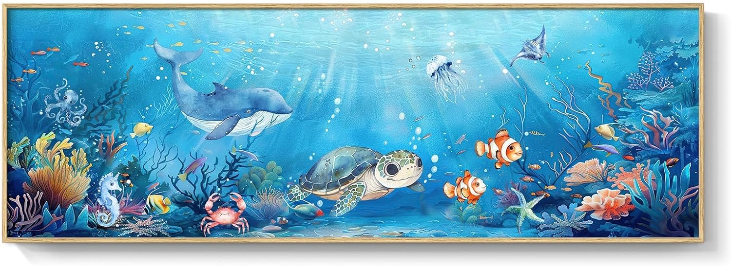 Large Framed Nursery Canvas Wall Art, Ocean Themed Nautical Prints Coastal Paintings Decor for Walls, Turtle Whale Coral Tropical Fish Pictures for Kids Boys Baby Girls Room Bathroom Wall Decor