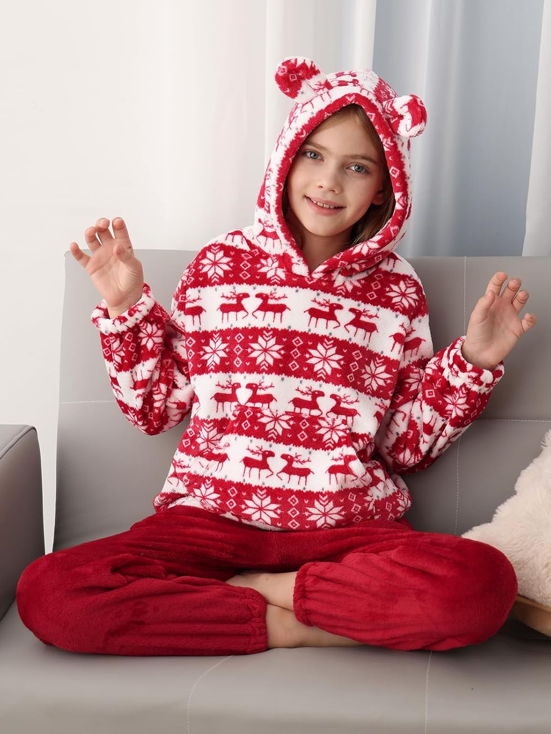 Girls 2 Piece Outfits Cozy Fleece Bear Ear Hoodie Sweatshirt & Sweatpants Set Fall Winter Warm Sweatsuit for Kids 6-14Y - Image 3