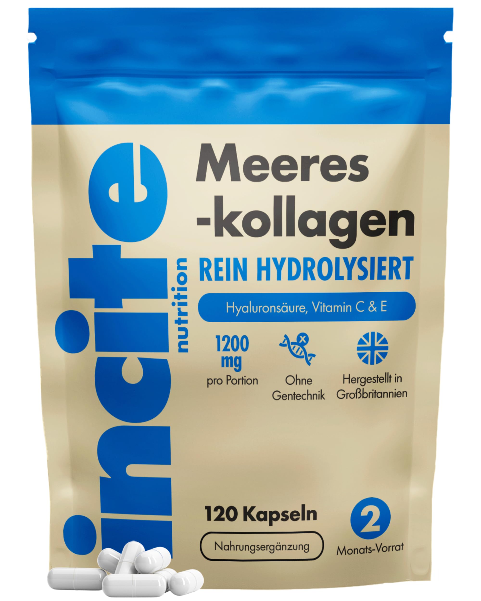 Incite Nutrition Meereskollagen, reines, hochwertiges hydrolysiertes Marine-Kollagen vom Typ 1 mit den Vitaminen C, E, B12, Kupfer, Zink und Jod, für Damen und Herren, 1200mg, 120 Stück (1er-Pack)