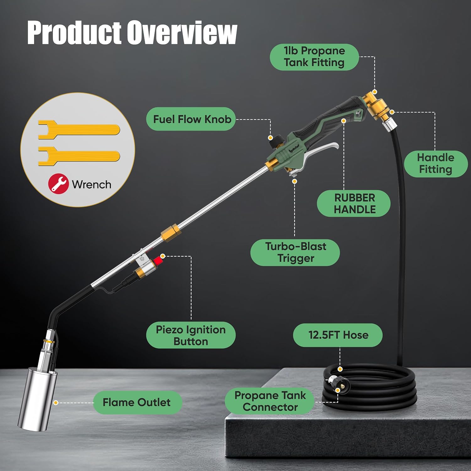 Propane Torch Weed Torch Kit Heavy Duty-340,000 BTU Weed Burner with 2 Extension Modes, Piezo Trigger(Self Igniting)&12.5ft Hose, Multi-Fuel Compatible(1lb-100lb) for Weeds, Ice Melting